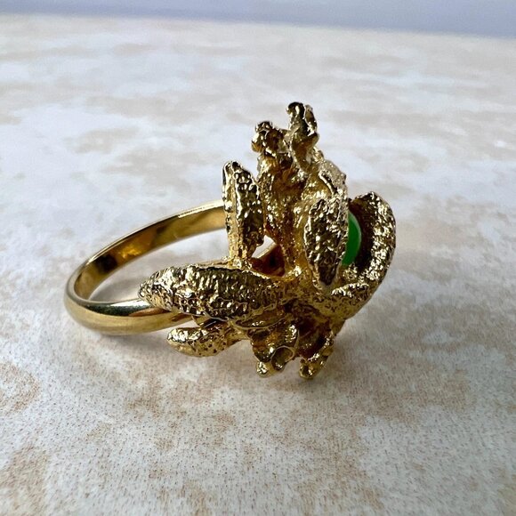 Brutalist Gold Tone Green Orb Adjustable Ring – Vintage Statement Size 6.5 - Picture 4 of 6